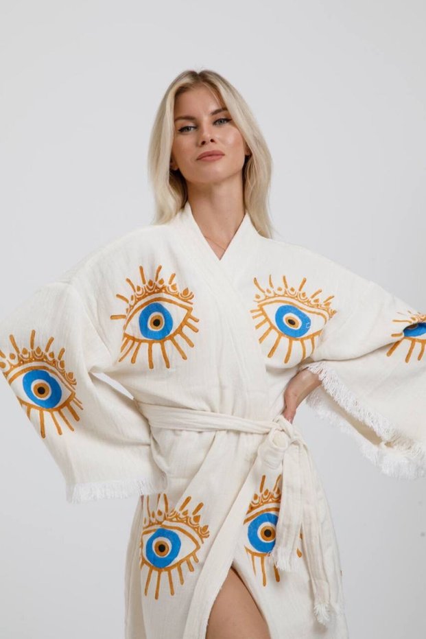 Muslin Kimono 100% Cotton Eye Printed Patterned Bathrobe Kaftan Dressing Gown