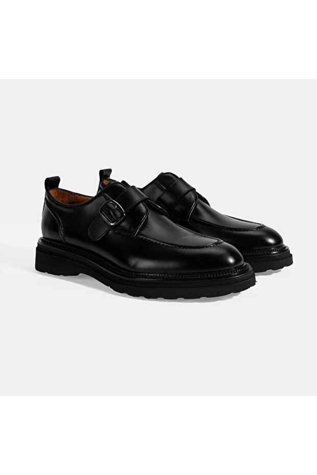 Men's Black Adjustable Buckle Leather Casual Shoes