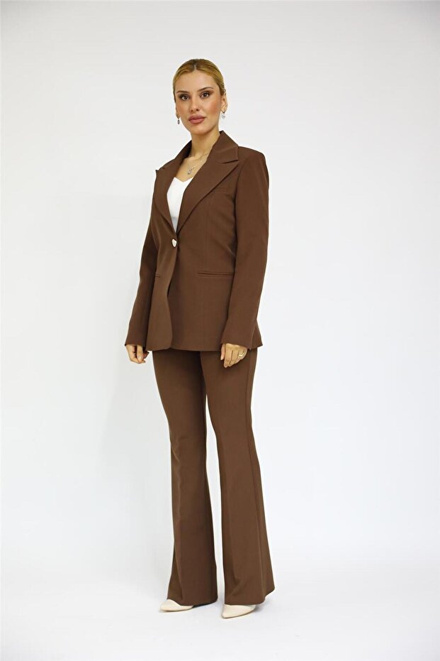 Erkek Yaka Tek Düğmeli Klasik Ceket & İspanyol Paça Pantolon-Kestane - 5