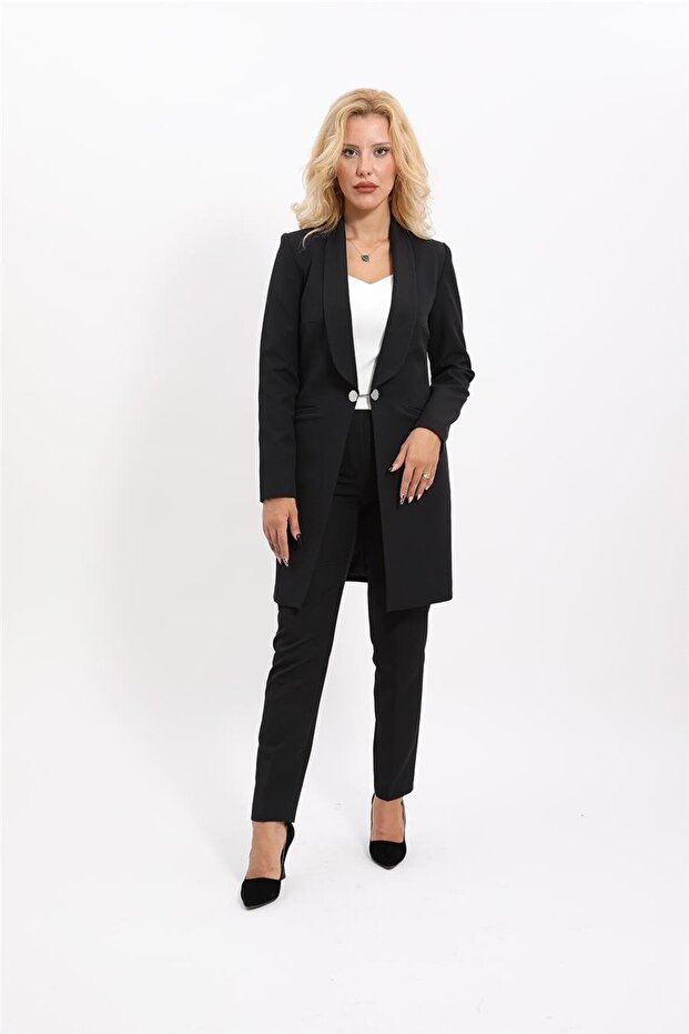 Shawl Collar Pocketed Long Jacket & Skinny Leg Pants Set - Black - 1004510
