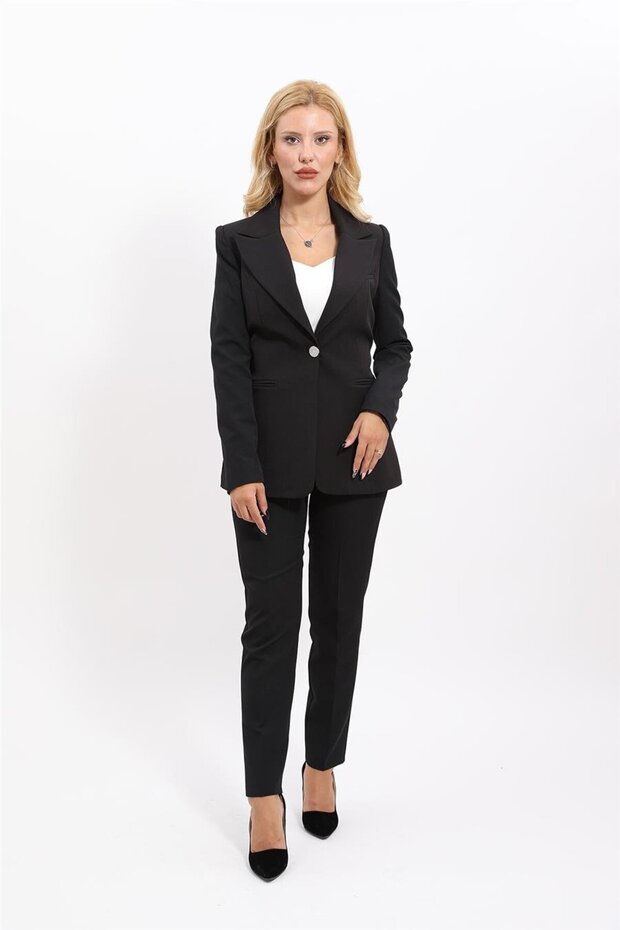 Men's Lapel Single Button Classic Jacket & Slim Fit Trousers - Black - 1045510