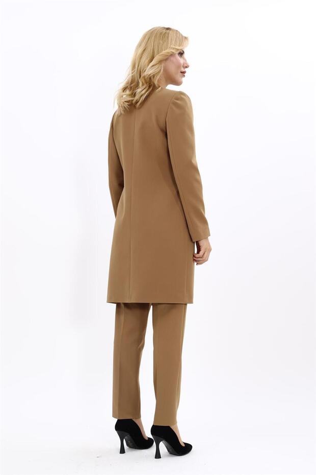 Sıfır Yaka Düz Uzun Ceket & Dar Paça Pantolon-Camel - 4