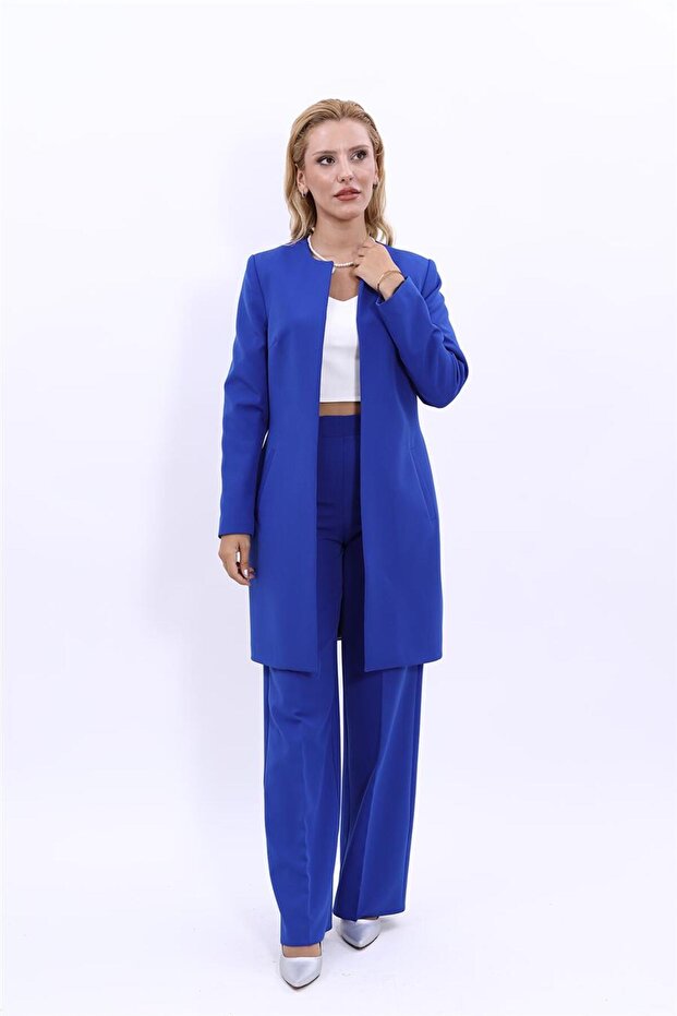 Zero Collar Plain Long Jacket & Wide Leg Trousers-Sax - 1005520
