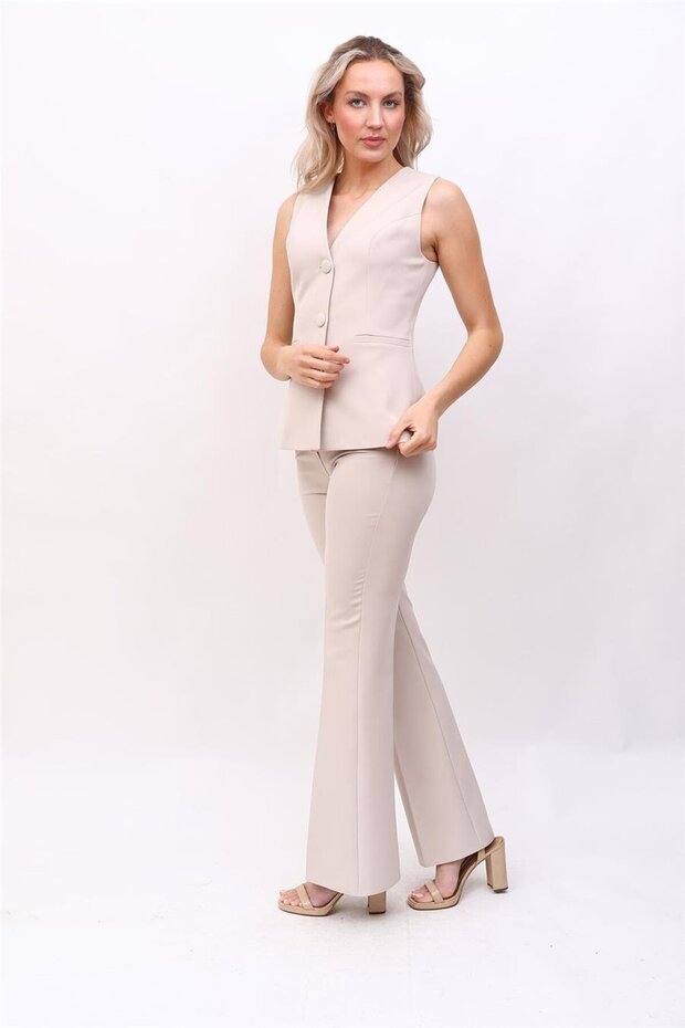 Long Classic Vest & Spanish Flare Pants Set - Beige - 1516530
