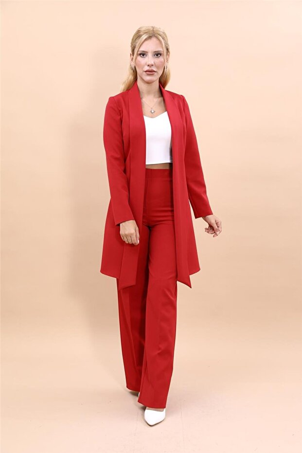 Shawl Collar Long Jacket & Wide Leg Trousers-Red - 1001520