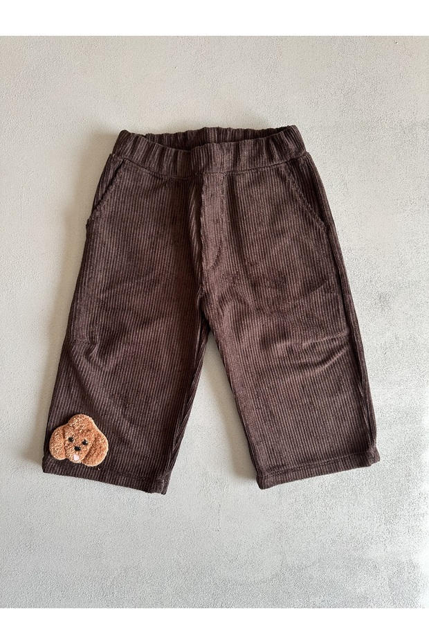 Velvet Children's Trousers with Teddy Bear Detail