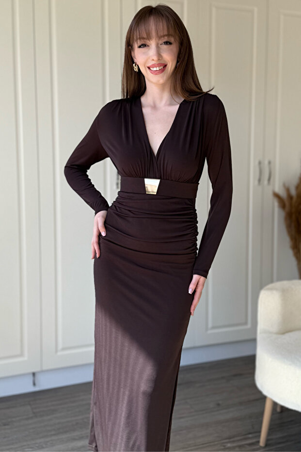 Sandy Fabric Gold Belted Double Breasted Collar Slit Brown Midi Dress