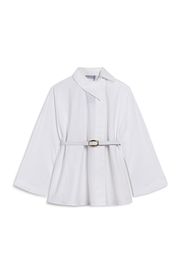 Asymmetrical Collar Belted Shirt White