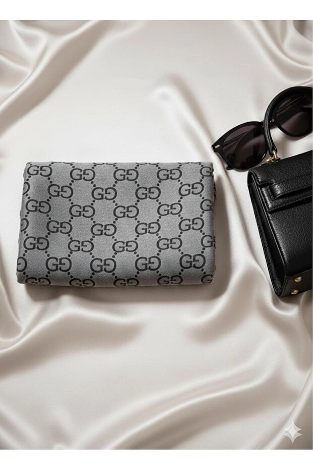 G Pattern Self-Textured Patterned Italian Double-Sided Shawl Grey-Black - 2