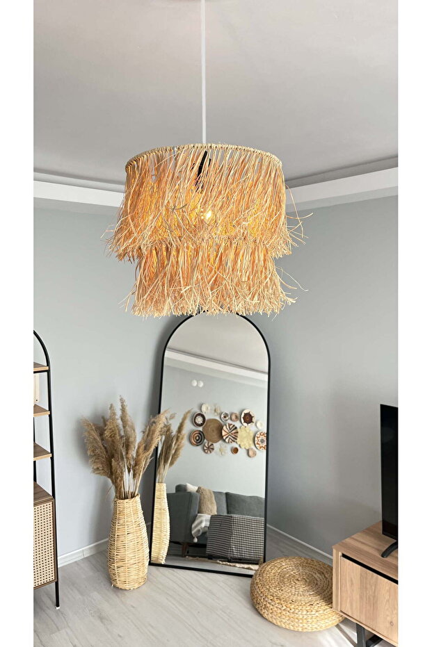 El Yapımı 2 Katlı Bohem Saçaklı Rafya Avize - Kafe, Balkon, Salon Hasır Rustik Avize (BEYAZ DUY) - 1