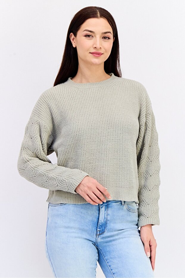Women Crew Neck Knitted Sweater, Sage Green