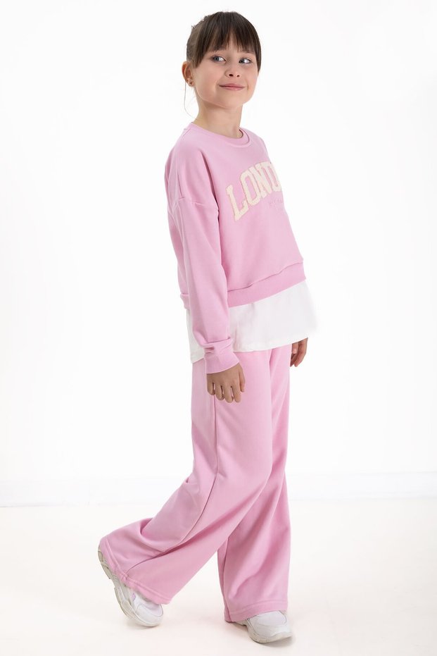 Powder Pink London Written Embroidery Girls Wide Leg Tracksuit Set 22726