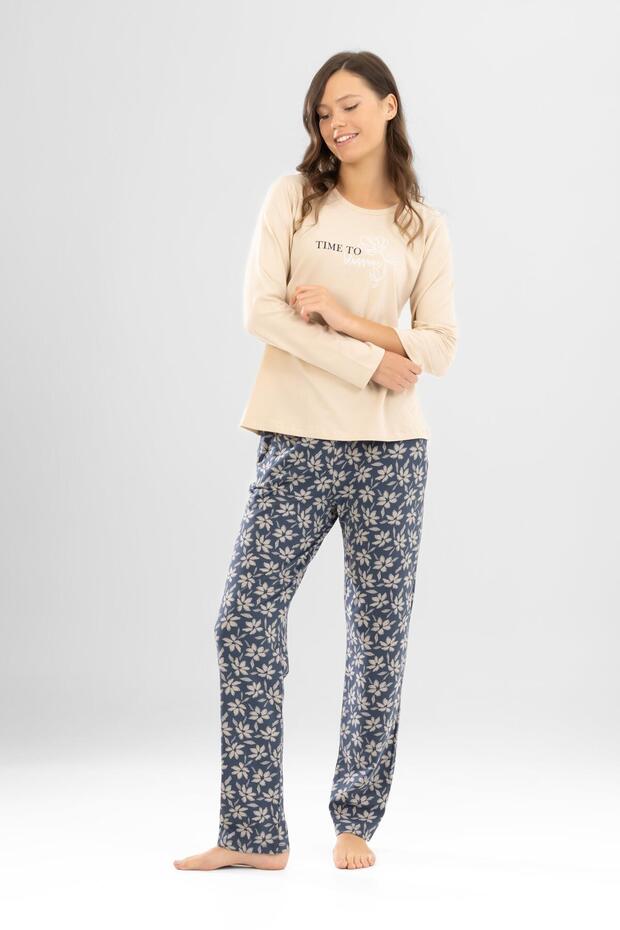 Women's Cotton Crew Neck Time to Blossom Printed Long Sleeve Pajama Set 9922 Beige