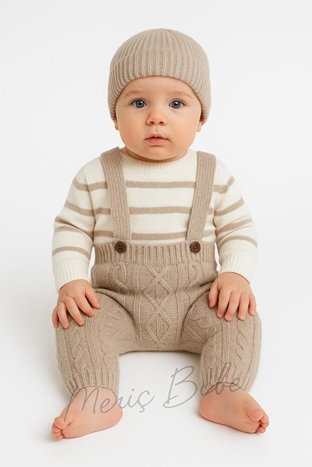 Baby Boy Striped Sweater Beret Argyle Patterned Salopet Gift Set of 3