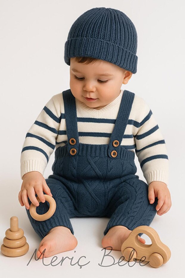 Baby Boy Striped Sweater Beret Argyle Patterned Salopet Gift Set of 3