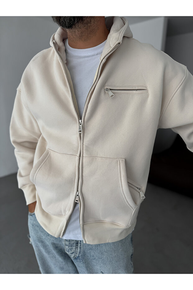 Bej Fermuar Cepli Kapüşonlu Sweatshirt YP-5015 - 4