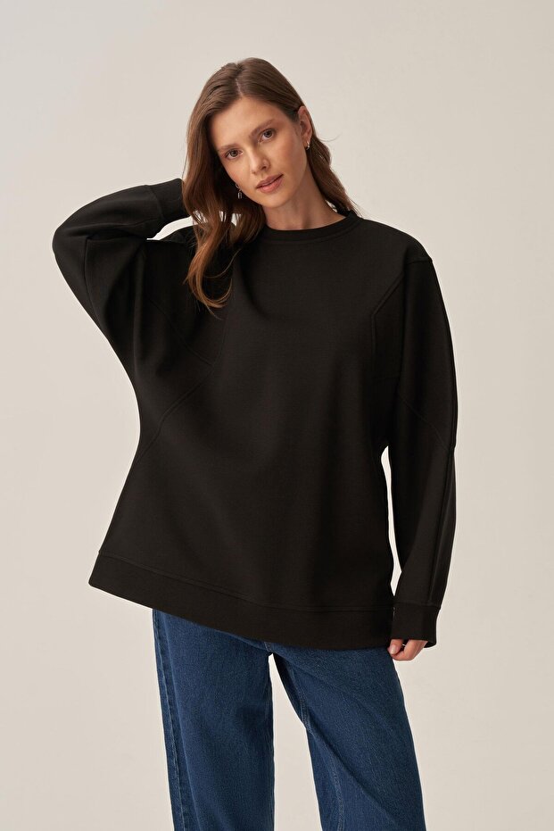 Siyah-Oversize İnterlok Sweat - 4