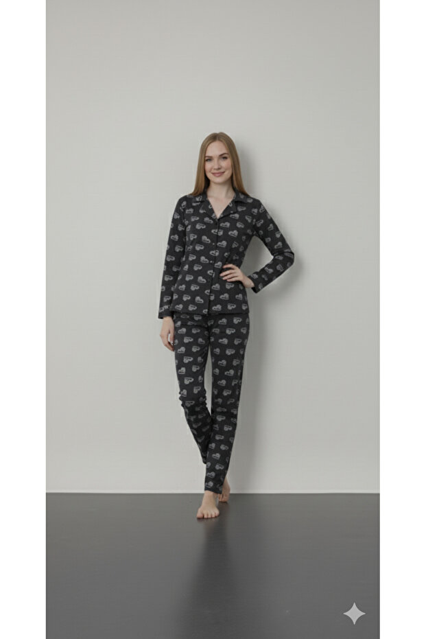 Long Sleeve Buttoned Hearted Combed Cotton Pajama Set