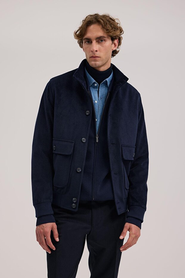 Navy Blue Comfort Fit Judge Collar Velvet Coat