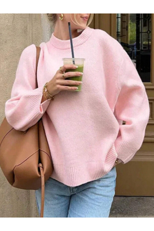 Women's Turtleneck Oversized New Season Knitwear Sweater - Pink