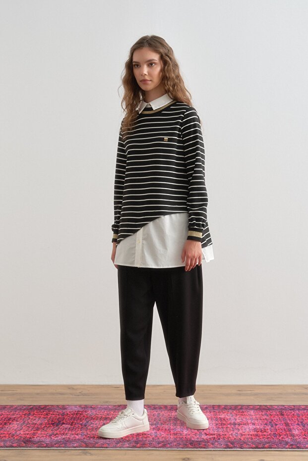 Çizgili Gömlek Yaka Örme Çelik Tunik Siyah - 1