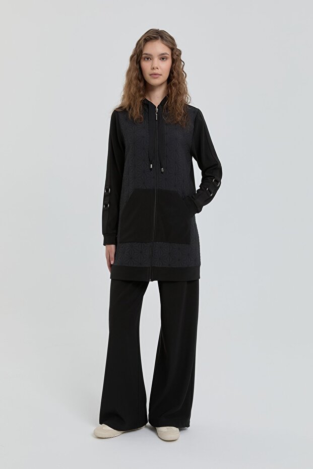 Thin Quilted Garnished Knitted Trousers Tunic Set Black