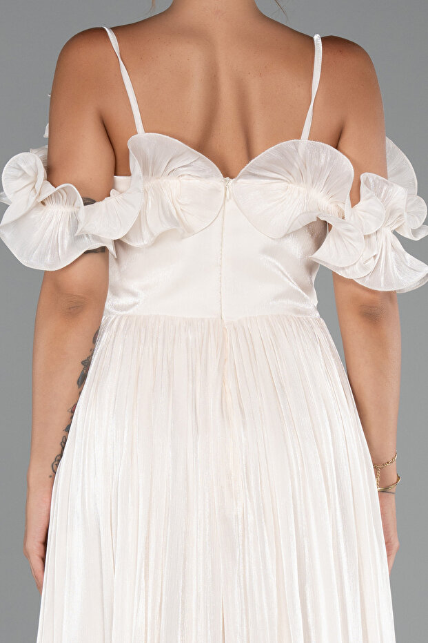 Krem Fırfırlı Kayık Yaka Midi Şifon Davet Elbisesi ABK2425 - 4