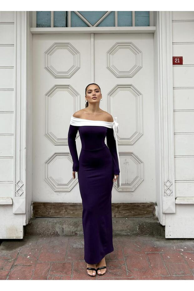 Purple white long sleeve crepe dress 583335