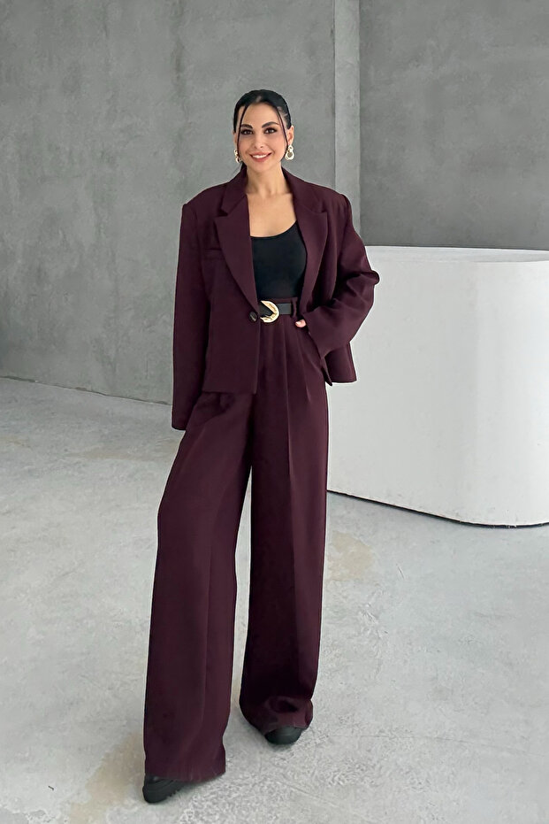 Mürdüm Oversize Tek Düğmeli Ceket Pantolon Takım - 3