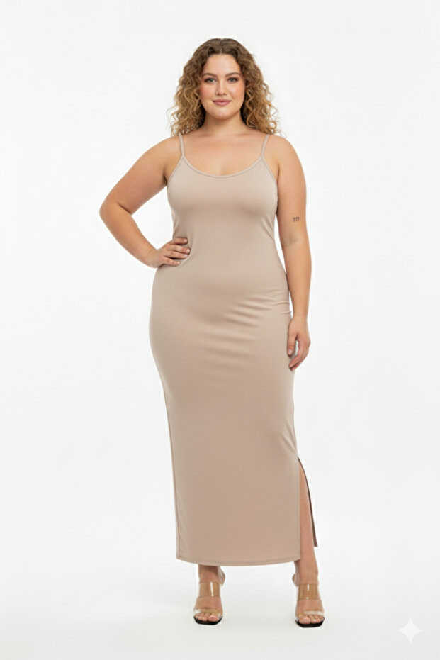 İnce Askılı Yırtmaç Detaylı Modal Elbise - 1