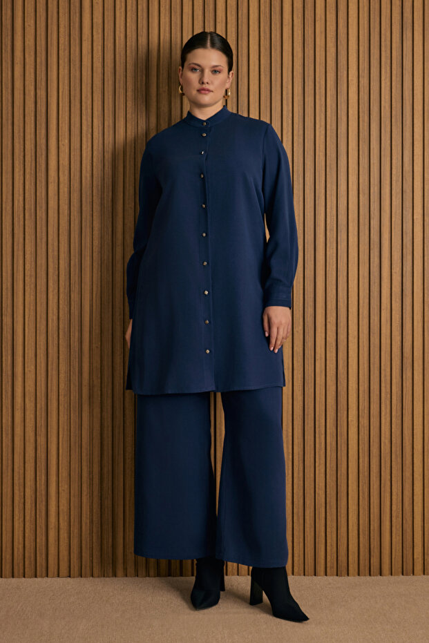 Navy Blue Elastic Waist Detailed Trouser Skirt