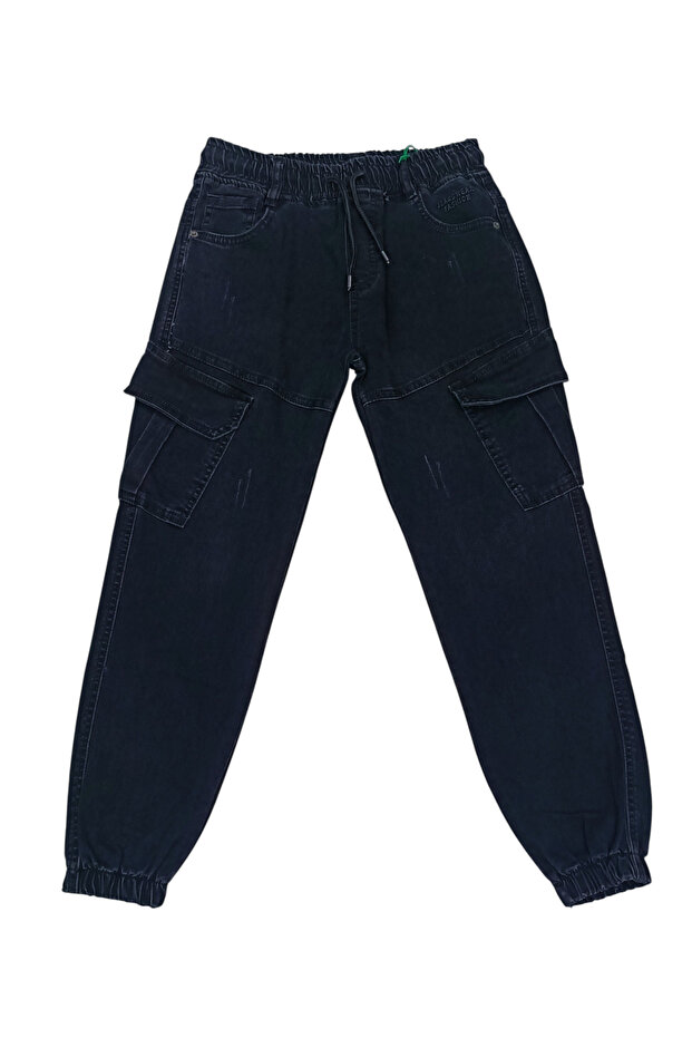 Boy's Black Denim Jeans with Elastic Waist and Drawstring, Double Cargo Pockets, Model 3234