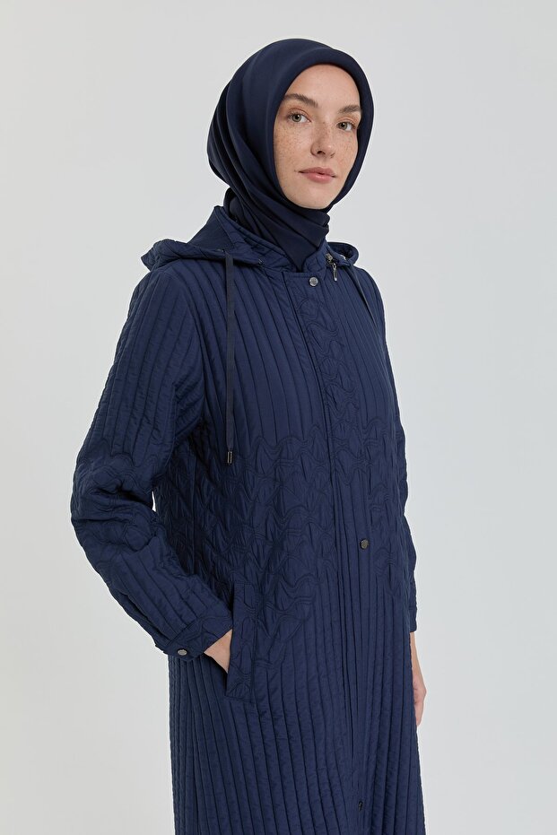Plus Size Thin Quilted Overcoat - Navy Blue - 2