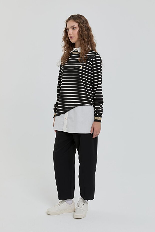 Çizgili Gömlek Yaka Örme Çelik Tunik Siyah - 5