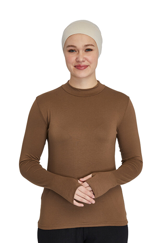 Finger-Looped Turtleneck Women's Bodysuit – Organic Viscose Lycra, Anti-Sweat - Light Chocolate