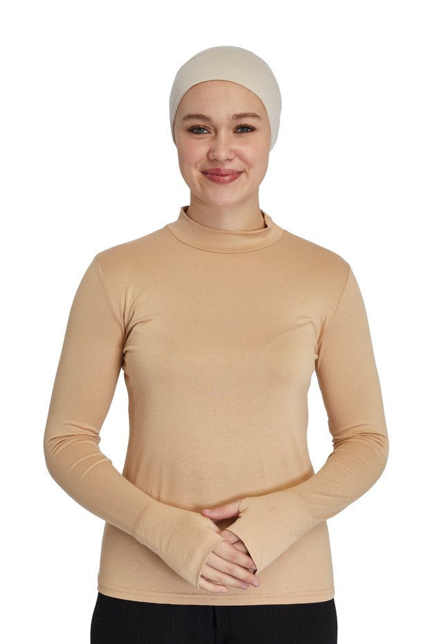 Finger-Looped Turtleneck Women's Bodysuit – Organic Viscose Lycra, Anti-Sweat - Dark Beige