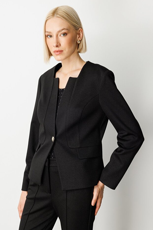 Single Button Decorative Flap Pocket Jacket - 2