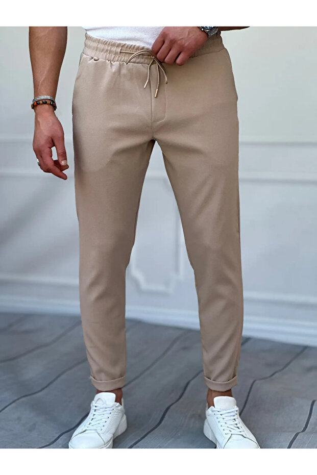 Men's Beige Double Leg Slimfit Cut Full Stretch Fabric Thread Detailed Straight Jogger Pants