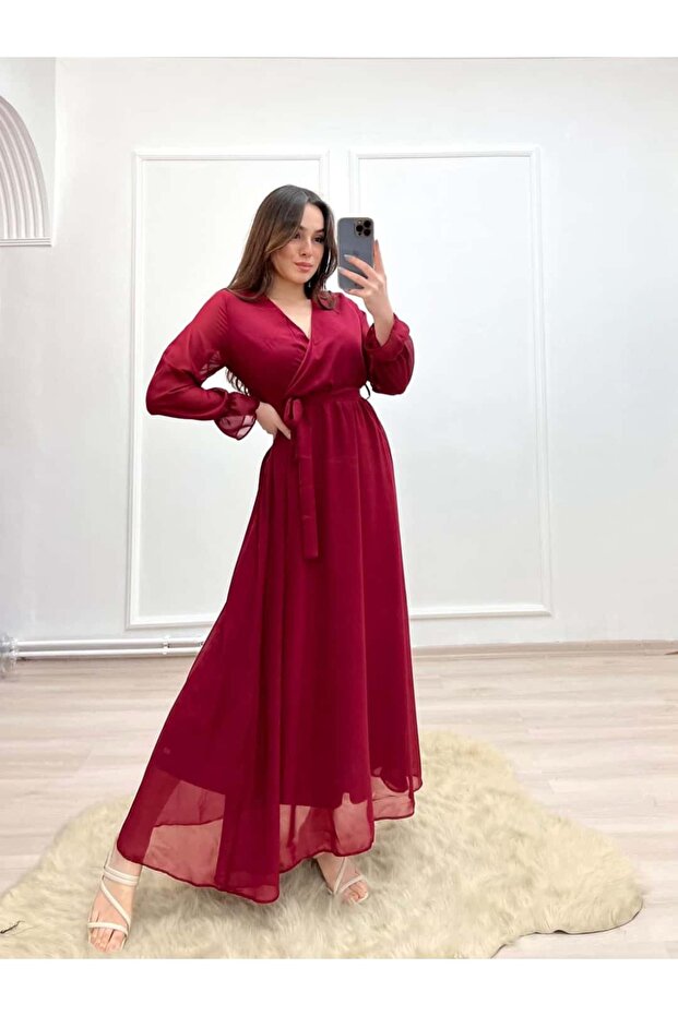 1027 Maxi Astarlı Şifon Elbise - 1