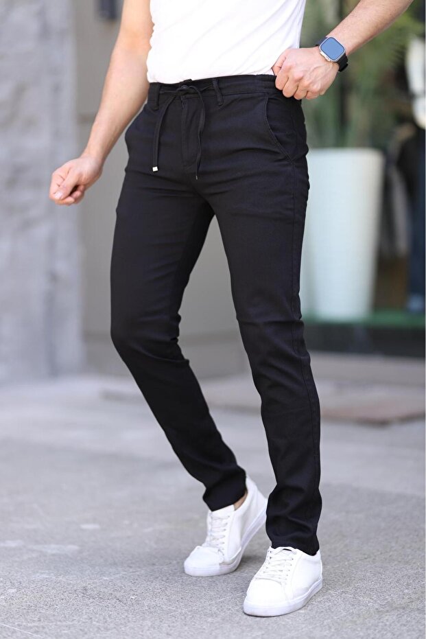 Men's Black Slim Fit Stretchy Lycra Dobby Quality Linen Lace-Up Stylish Trousers