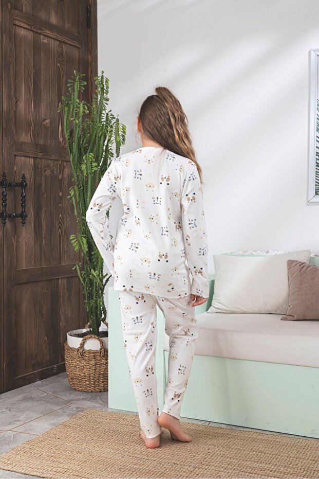 Children's Cat Pattern Lycra Soft Interlock Fabric Long Sleeve Pajama Set - 3