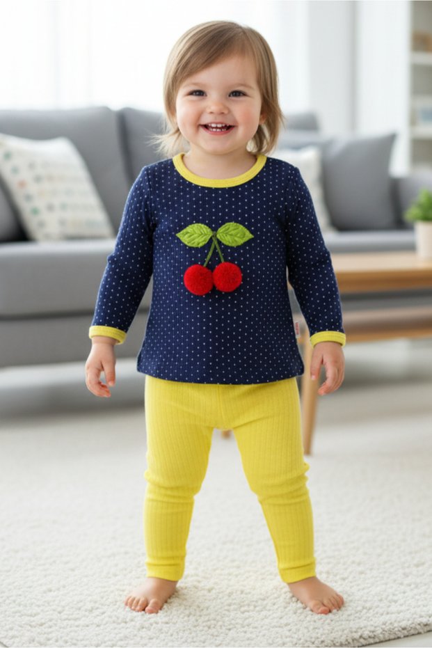 Cherry Figured Baby Girl Children's Tights Double Set 6 Months, 9 Months, 12 Months