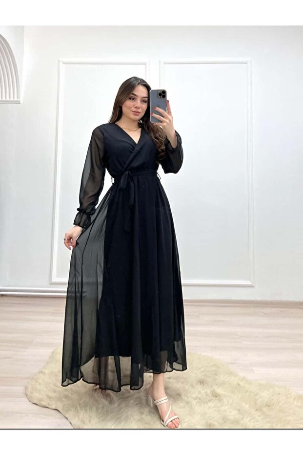 1027 Maxi Astarlı Şifon Elbise - 1