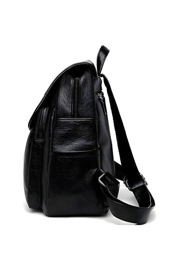 Multifunctional Backpack with Flap, -Leather, Black - 2