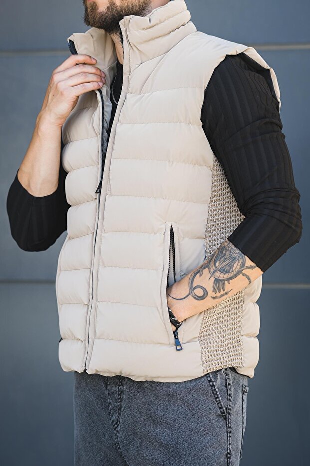 Manlordy Mesh Detailed Pocketed Stand Collar Nova Shiny Fabric Men's Puffer Vest