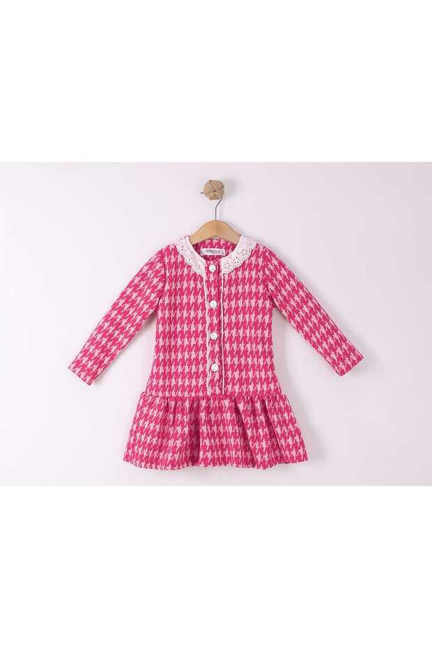 Fisto Collar Front Pat Buttoned Skirt with Drawstring Long Sleeve Lycra Cotton Jacquard Dress