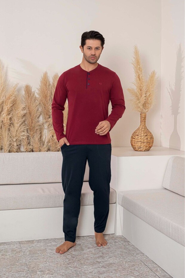 Erkek Düz Renk 3 Düğmeli %100 Pamuk Mevsimlik Uzun Kol Cepli Pijama Takımı - 5