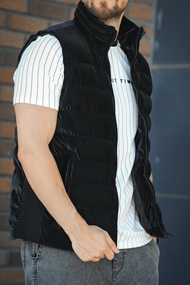 Manlordy Mesh Detailed Pocketed Stand Collar Nova Shiny Fabric Men's Puffer Vest
