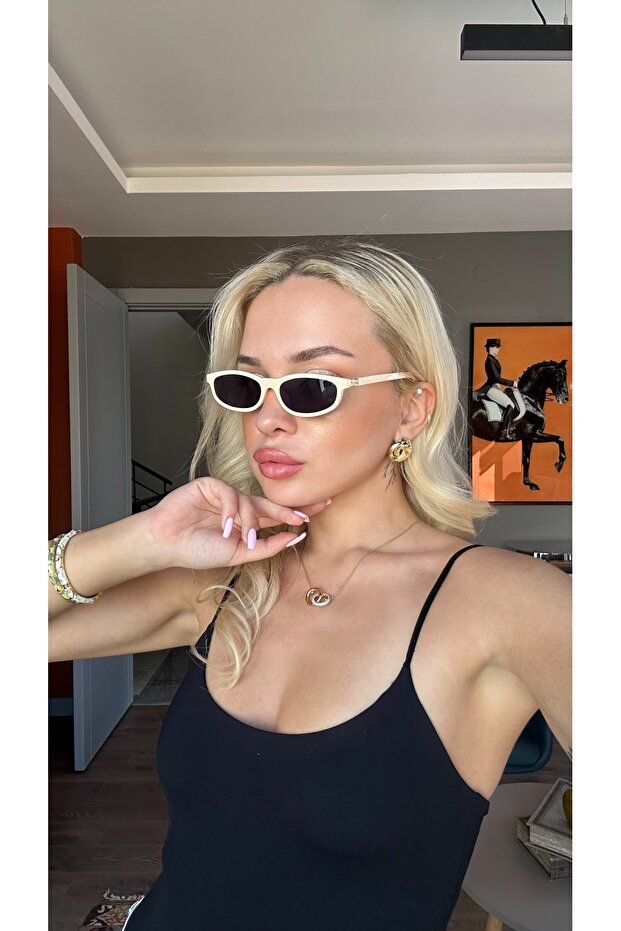 Black Glass Gold Detailed Geometric Sunglasses with White Frame