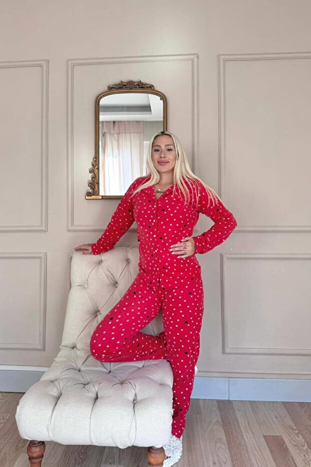 Red Point Heart Patterned Front Buttoned Plush Fleece Pajama Set - 6